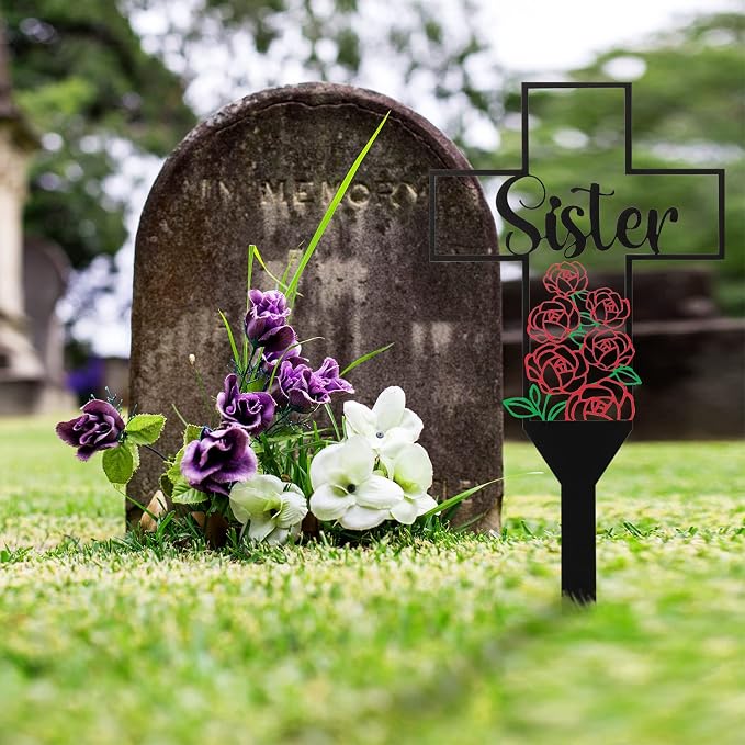 BUoonyer Sister Memorial Graves Markers Cemetery Decorations, Metal Cross - Image 5