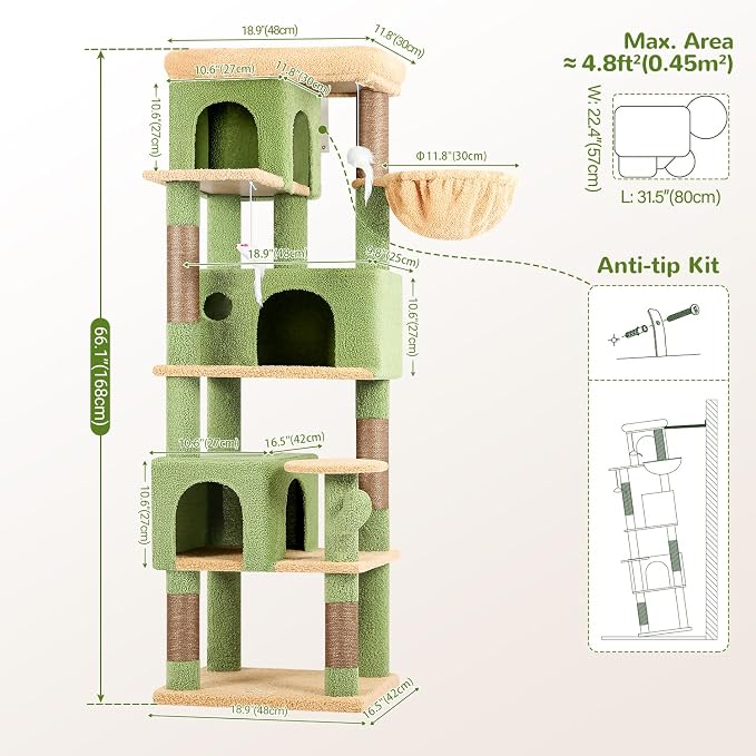 Globlazer Corner Cactus Cat Tree 66 inch Multi-Level Cactus Climbing Tower - Image 6