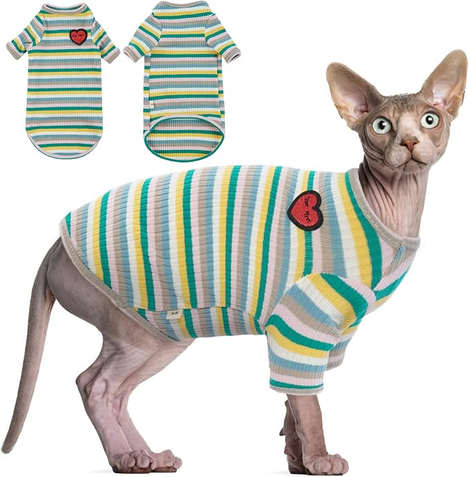 DENTRUN Hairless Cats Shirt Breathable Cat Daily Wear Clothes Stripe Vest by DENTRUN