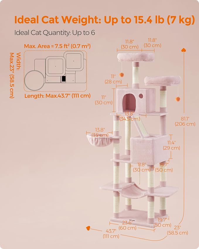 Feandrea Cat Tree, 81.1-Inch Large Cat Tower, 2 Perches, 2 Caves, Jelly Pink - Image 5