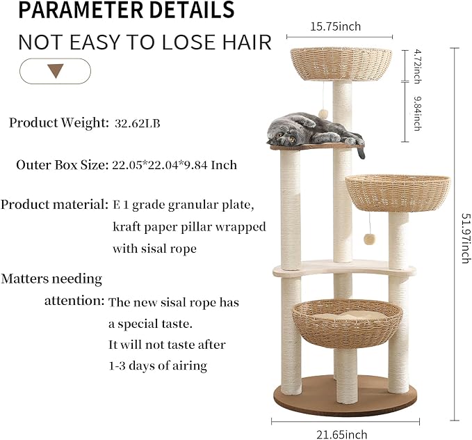 52" Modern Cat Tree Tower for Large Cats, 3Cat Nests Manual Hand Woven - Image 4