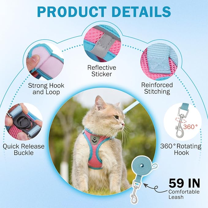 SCENEREAL Cat Harness and Leash Set Escape Proof, Adjustable Soft Air Mesh - Image 3