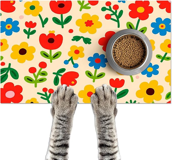 Pet Feeding Mat 24x16 inch Colorful Flower Print Pet Bowl Placemat Non Slip by HOMETITUTE