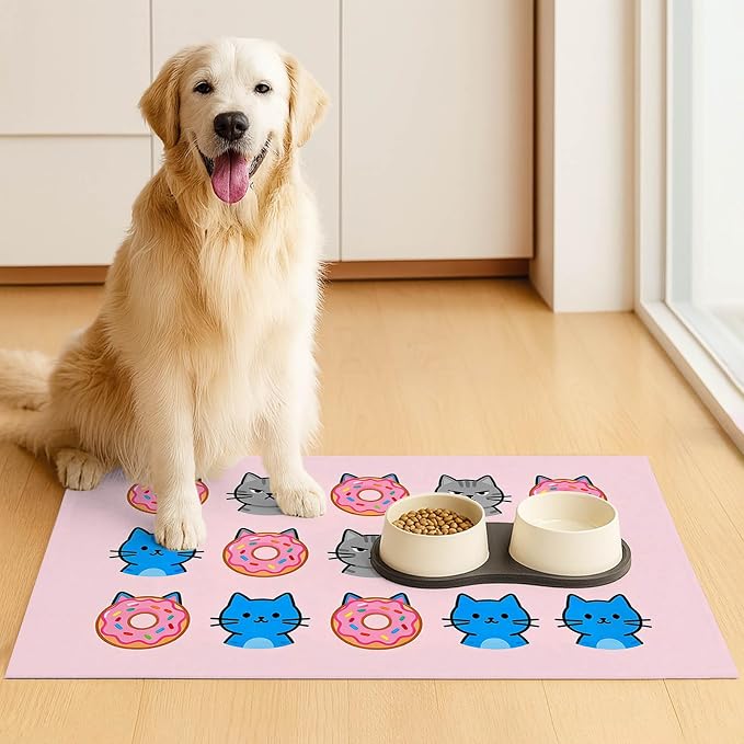 Cat Feeding Mat 24x16 inch Donut Cat Print Pet Bowl Placemat Non Slip Floor Mat - Image 3