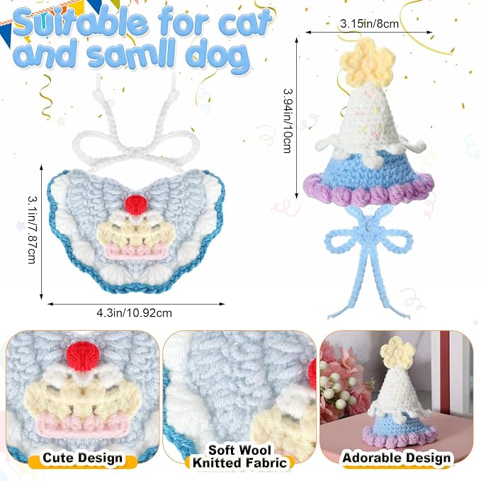 Sanwuta 2 Pcs Cat Birthday Party Supplies, Knit Cat Hat Kitten Birthday Bib - Image 3