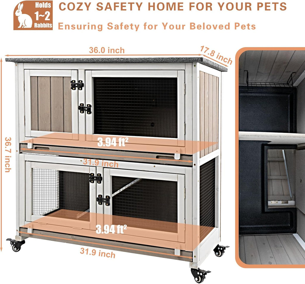 Gowoodhut 36" 2-Story Rabbit Hutch with 4 Wheels, Grey - GlobalHabitat Supply
