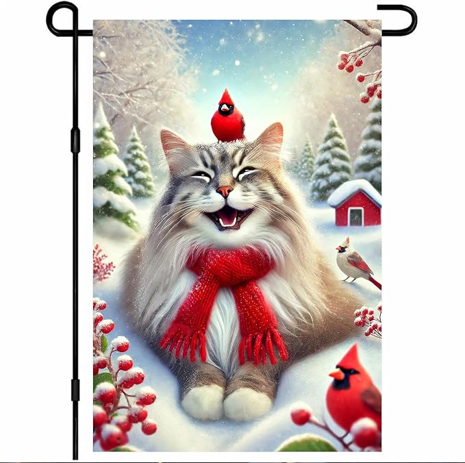 Christmas Garden Flag Cute Cat Red Cardinal Winter Snow Scene Outdoor Yard Flag by BlissYard