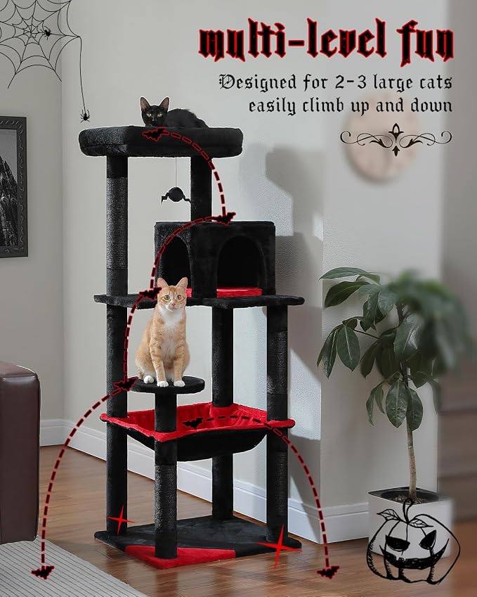 Gothic Cat Tree with Super Large Hammock, 56.3" Black Cat Tower with Coffin Bed - Image 7