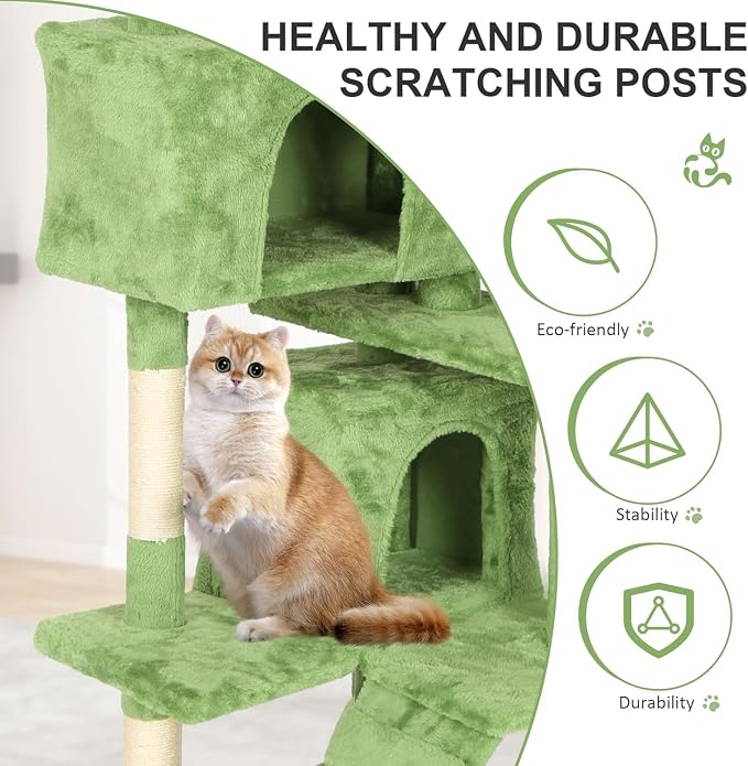70 Inch Green Cat Tree, Tall Cat Tower - Image 3