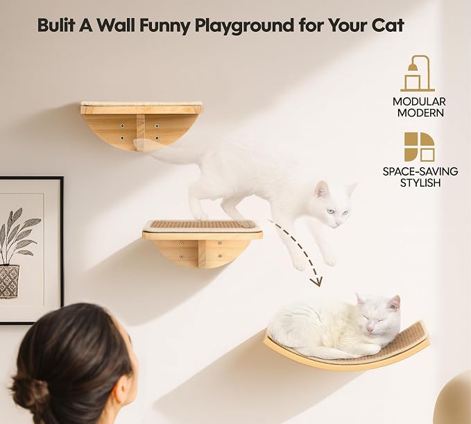 Wood Cat Wall Shelves with Sisal Cats Window Perch, Wall Mounted 4-Piece Cat - Image 5