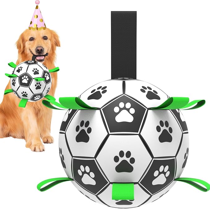 Dog Soccer Ball Toys with Straps, Puppy Birthday Gifts, Dogs Tug Toy, Water Toy by Amasiver