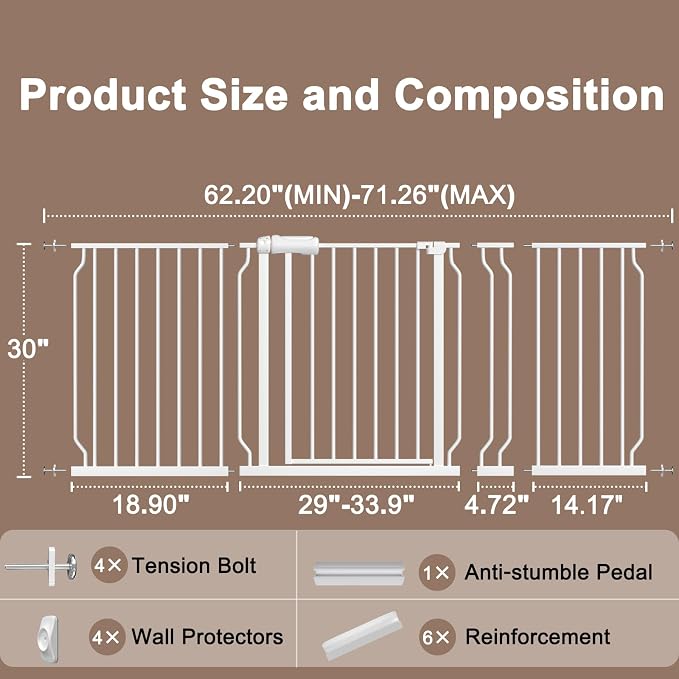 WAOWAO Baby Gate 62.20-71.26" Extra Wide Pressure Mounted Walk Through Swing - Image 6