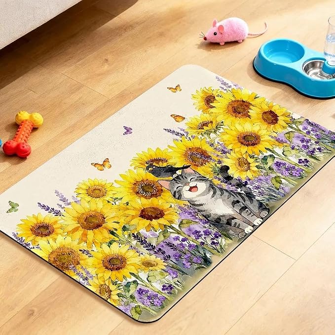Dog Food Mat for Pet Cat Food Mat, Sunflower Absorbent Quick Dry Dog Bowl Mats by BACDOILQ
