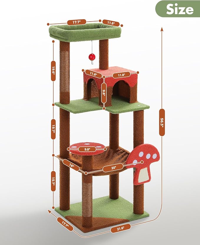 Mushroom Cat Tree Tower with Removable Scratcher, Large Hammock, 3 Sisal Posts - Image 8