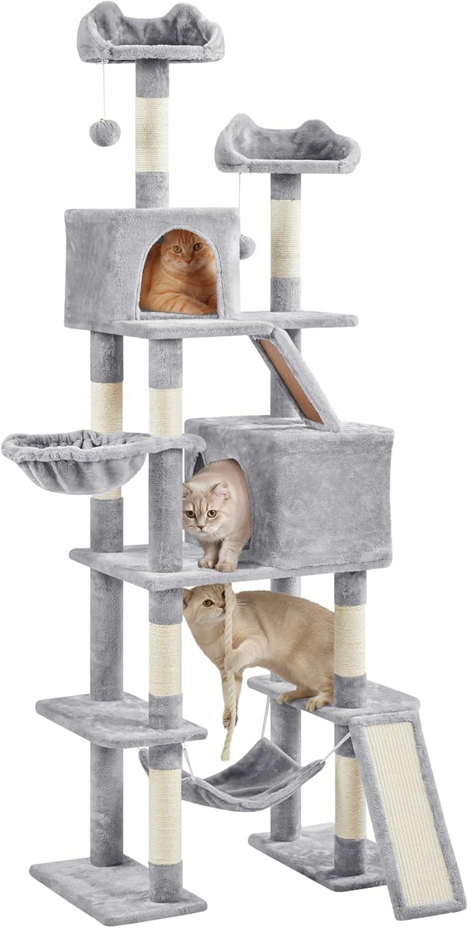 Yaheetech Cat Tree, 82.5in Large Tower w/Hammock, 2 Kitty-Ear Perches, 2 Cozy - Image 2
