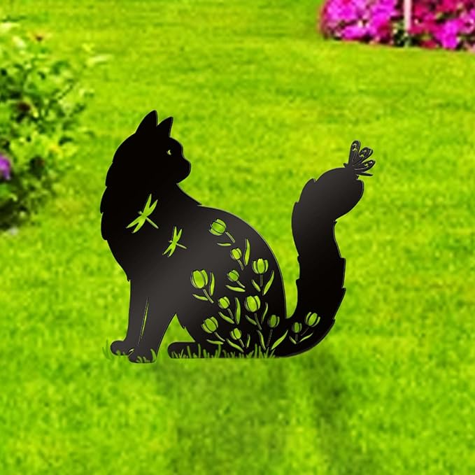 Bnesi Floral Long-Haired Cat Yard Decor Pet Grave Markers Metal Sign Silhouette by Bnesi