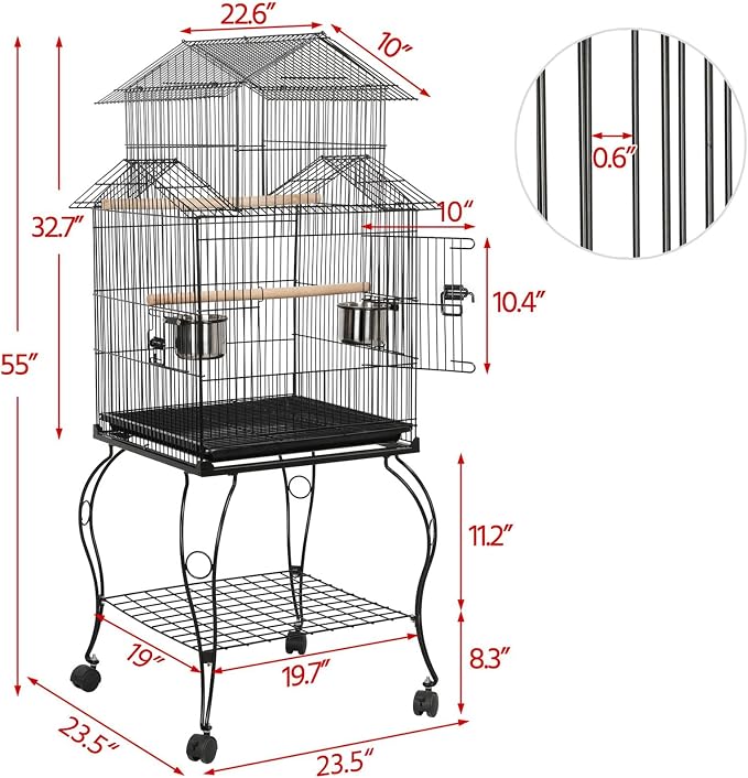 Yaheetech Budgie Cage 55-inch Rolling Standing Triple Roof Medium Parrot Cage - Image 2