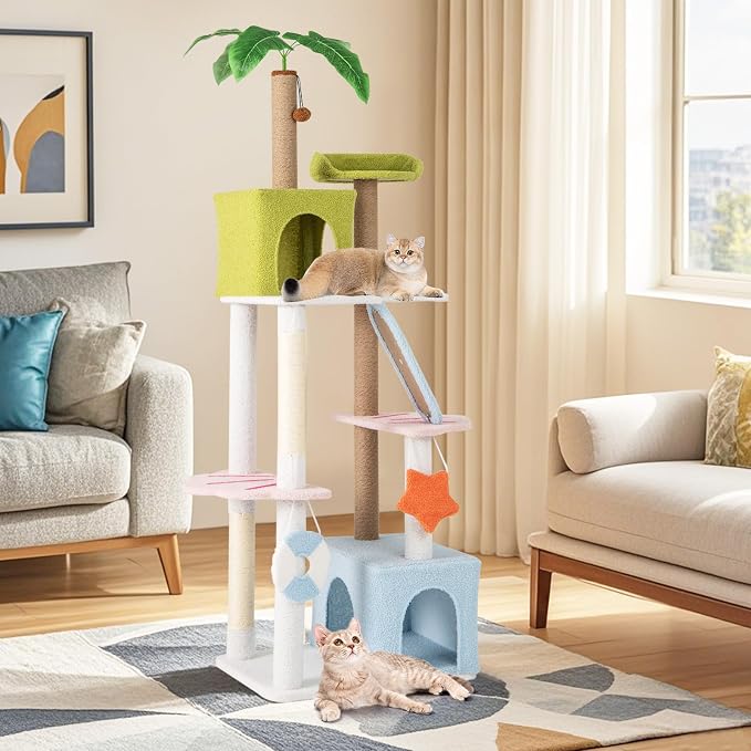 Tangkula 71 Inch Tall Cat Tree, 2 Cat Condos, Artificial Plant, Hanging Toys - Image 3