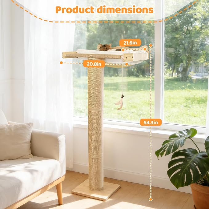 54.3" Cat Window Perch with 3 Adjustable Roman Column Sisal Posts, Drill-Free - Image 3