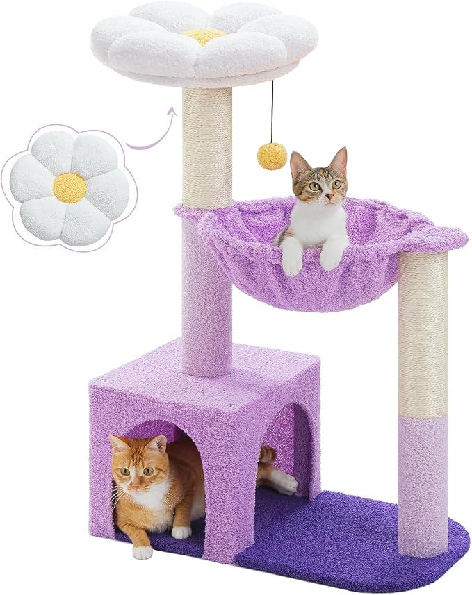 Purple Flower Cat Tree for Small Indoor Cats w/Large Metal Frame Hammock by MUTTROS