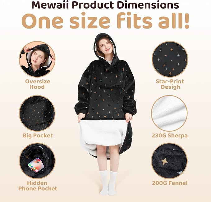 Mewaii Wearable Blanket Hoodie for Adults, Warm Sherpa & Soft Flannel Long - Image 6
