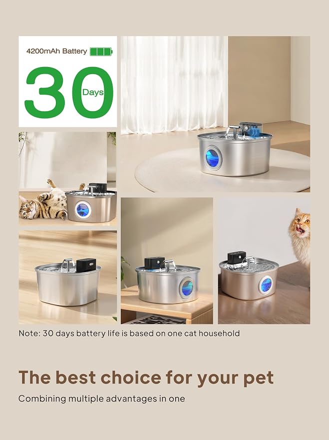 Voluas Cat Water Fountain Stainless Steel: 108oz/3.2L Wireless Cat Fountain - Image 3