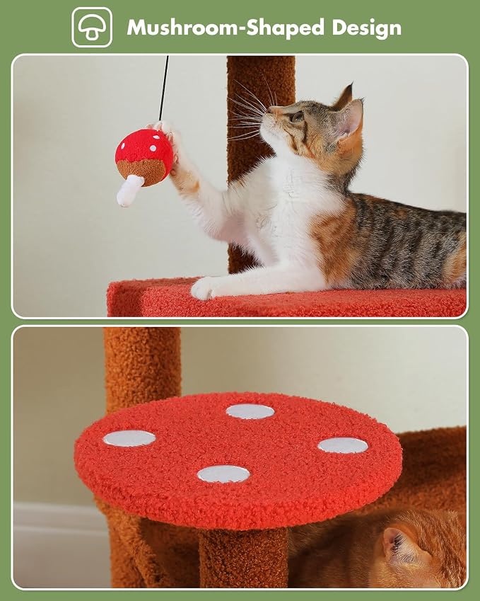 Mushroom Cat Tree Tower with Removable Scratcher, Large Hammock, 3 Sisal Posts - Image 5