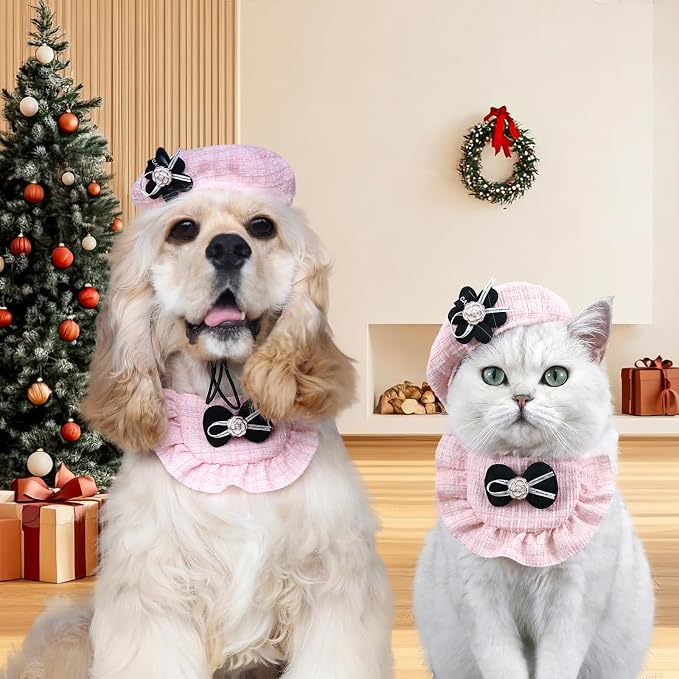 2PCS Cat Beret Hat with Camellia, Adjustable Bow Bandana Scarf Set Pet Princess - Image 7
