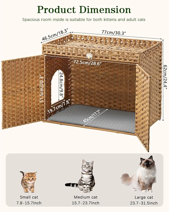 Cat Litter Box Enclosure Furniture, Handwoven Rattan Hidden Litter Box - Image 5
