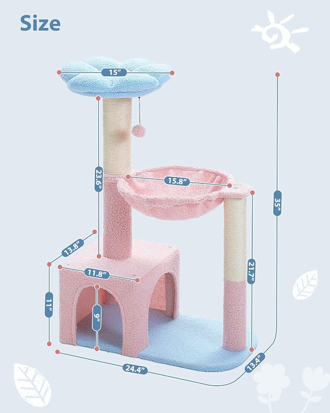 Flower Cat Tree with Large Metal Frame Hammock, Cat Condo with Blue Top Perch - Image 7