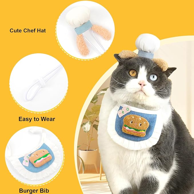 HOWWFALY Cat Halloween Costumes Pet Chef Hat &Hamburger Bib Costume Set - Image 6
