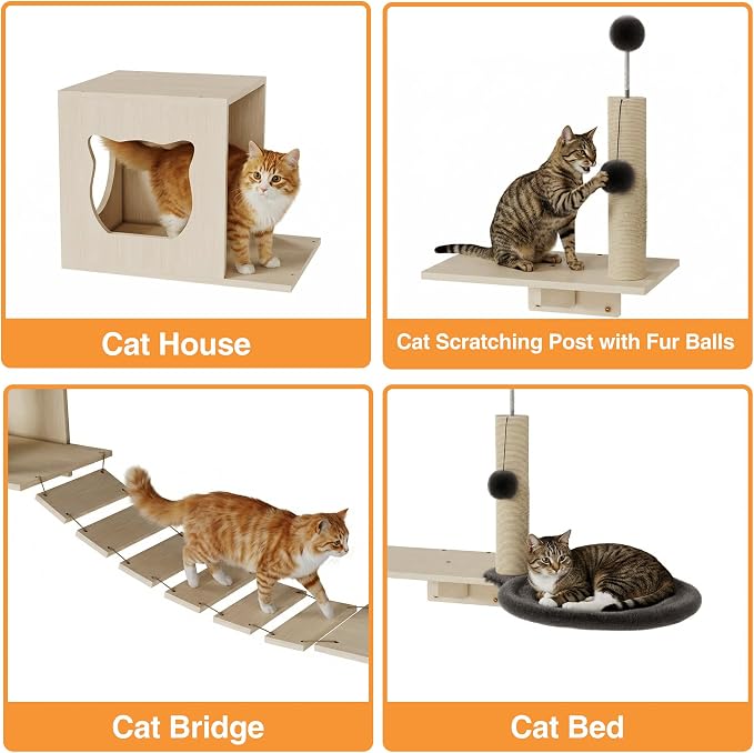 Cat Wall Shelves, Modern Wall-Mounted Cat Furniture Includes House, Perch & - Image 5