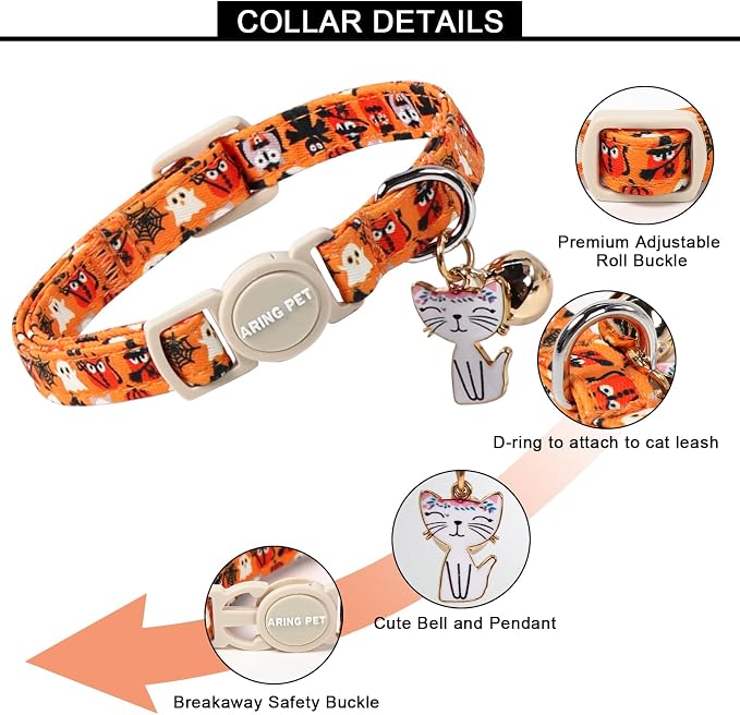 ARING PET 2 Pack Halloween Cat Collars, Breakaway Orange Black White Cotton - Image 6