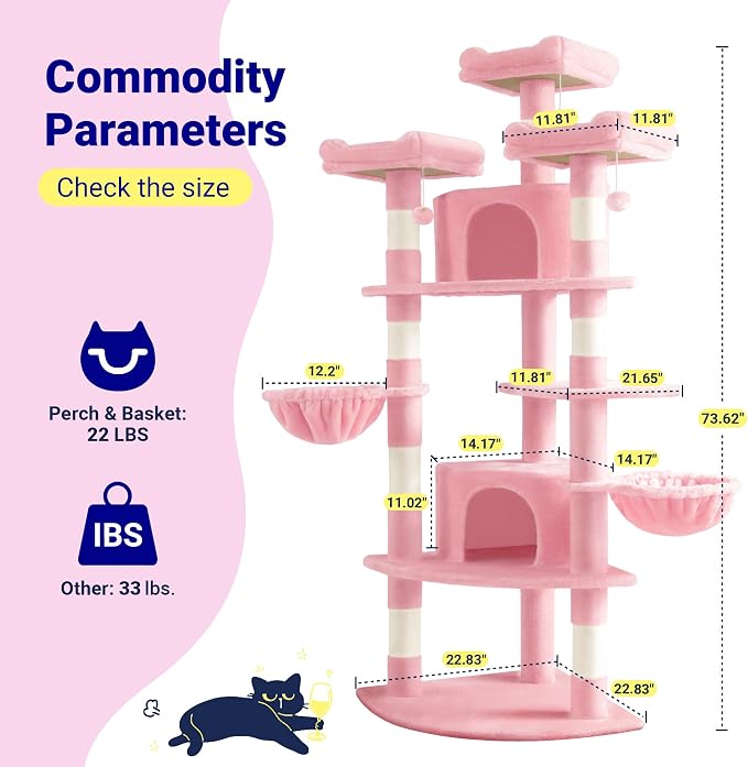 Allewie 73in Fan-Shaped Space-Saving Corner Cat Tower/Multi-Level Tall Cat Tree - Image 7