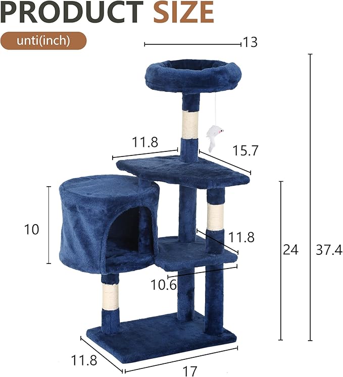 FDW | 36" Cat Tree Tower | Navy Blue | Multi-Level Indoor Activity Center - Image 7