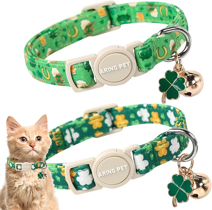ARING PET 2 Pack St. Patrick's Day Cat Collars-Cute Green Clovers Cat Collar by ARINGPET