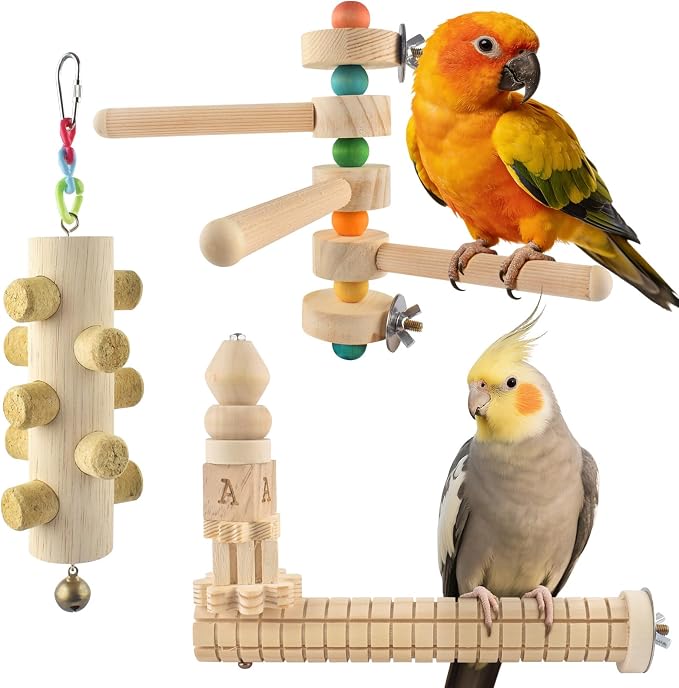 3pcs Natural Wood Bird Perch Toys, Rotating Perch Stand, L-Shaped Perches by DBNESS