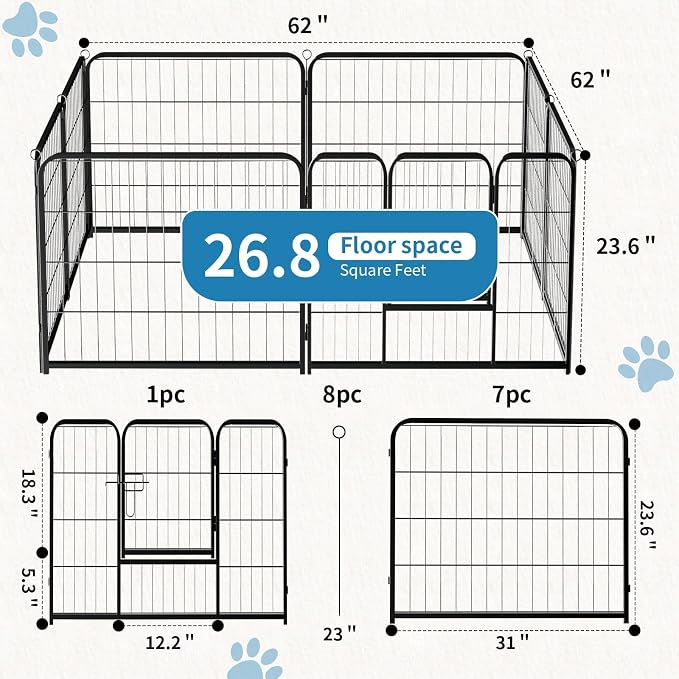 NEWBULIG Dog Playpen 8 Panels 24" Height Foldable Heavy Duty Metal Dog Exercise - Image 3