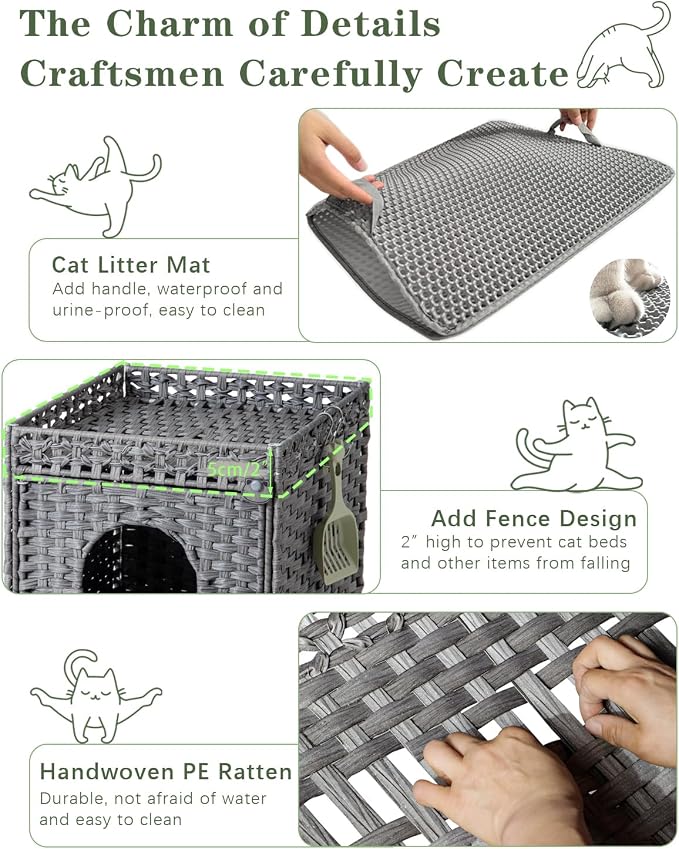 Cat Litter Enclosure with Hidden Litter Mat and Rattan Cat House, Supports Two - Image 3