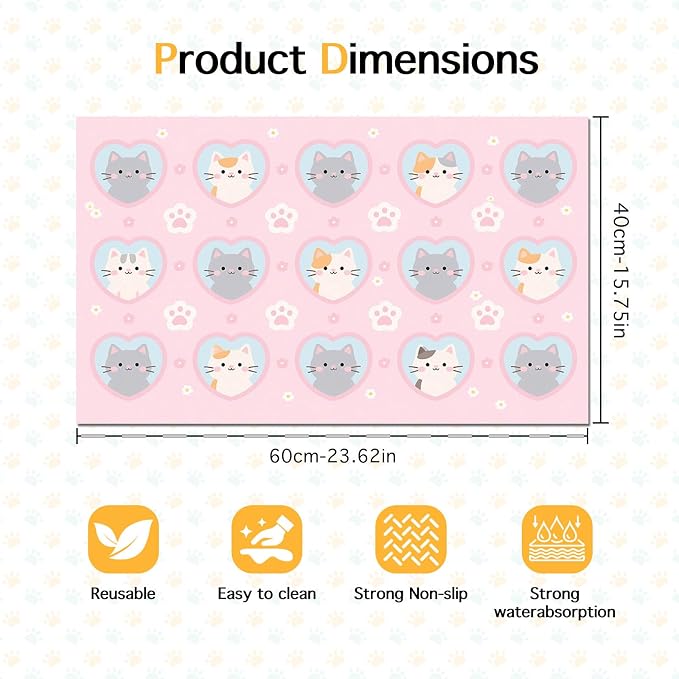 Cat Feeding Mat 24x16 inch Pink Heart Kitten Print Pet Bowl Placemat Non Slip - Image 6