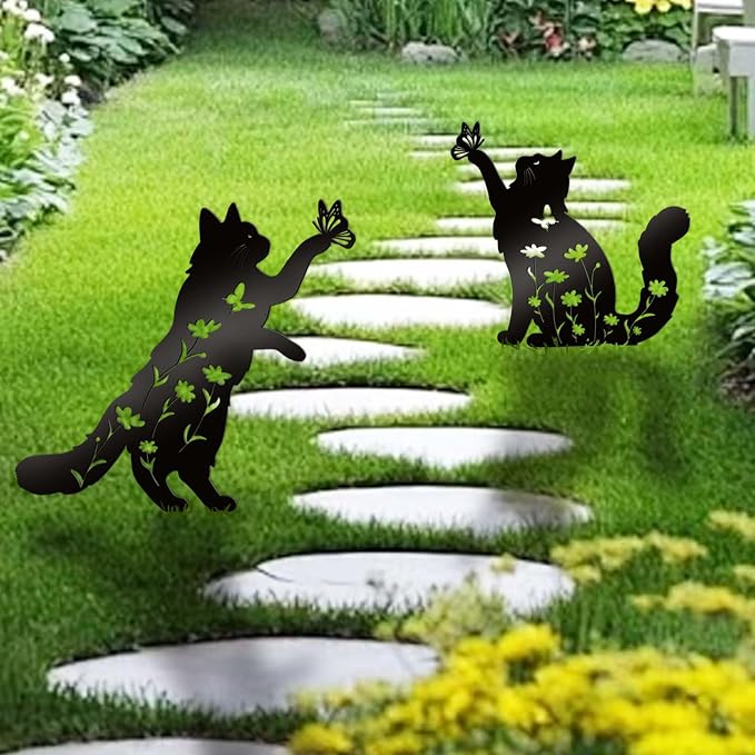 Bnesi Floral Long-Haired Cat Yard Decor Pet Grave Markers Metal Sign Silhouette - Image 7