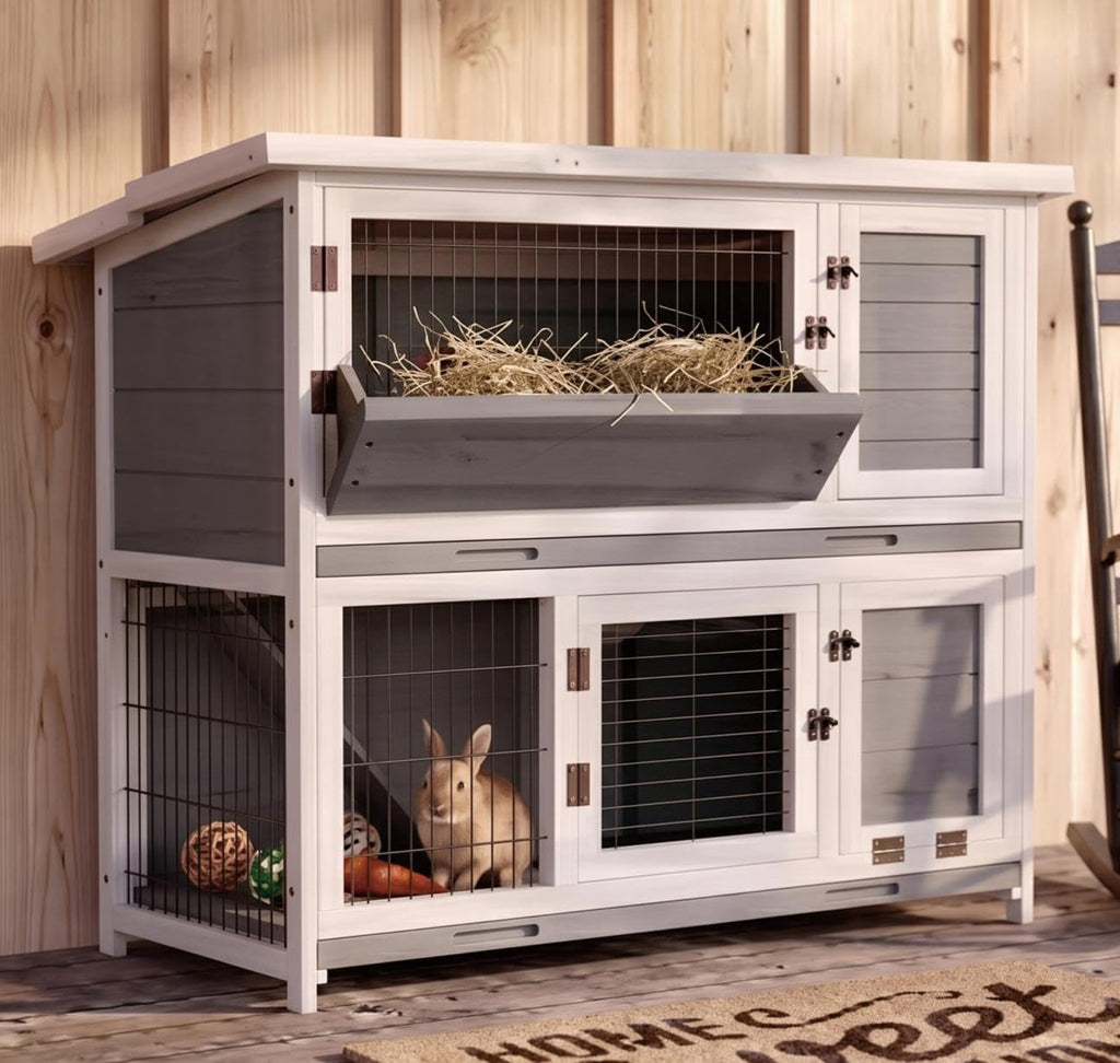 STILLCOVE 2-Story Rabbit Hutch with Hay Feeder, Grey - GlobalHabitat Supply
