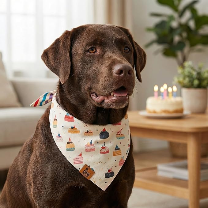 Birthday Dog Bandanas Extra Large, Reversible Colorful Cakes Stripes, Soft - Image 2