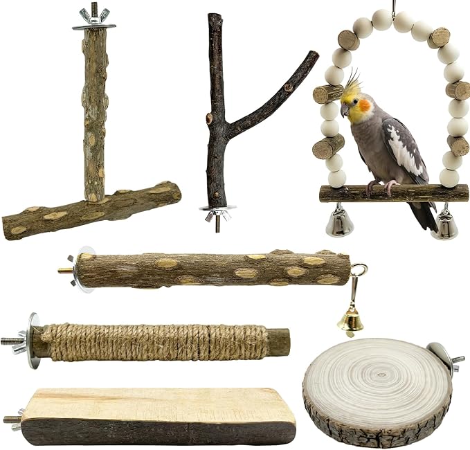 7Pcs Natural Wooden Bird Perch Set – Parrot Perch Toys, Wooden Perch Swing by Unknown