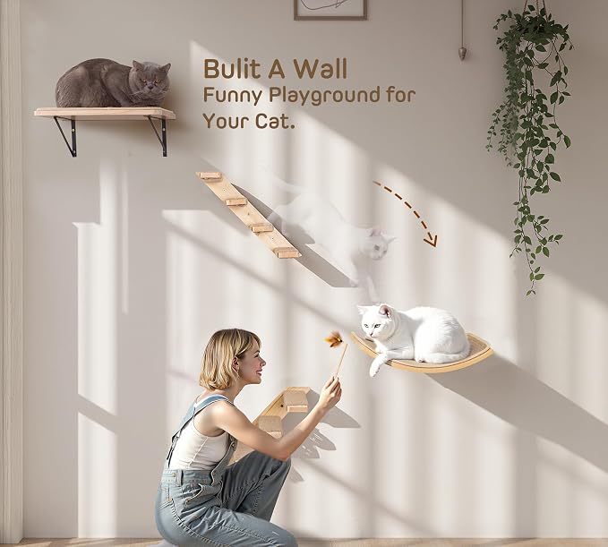 Wall Mounted Cat Shelves Stairs Set, 4 Piece Wood Cats Wall Furniture - Image 2