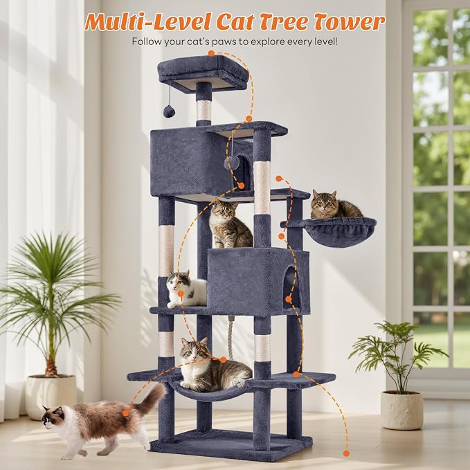 Large Cat Tree 66 Inch, Sisal Scratching Posts and Hammock, Pet Play House - Image 5