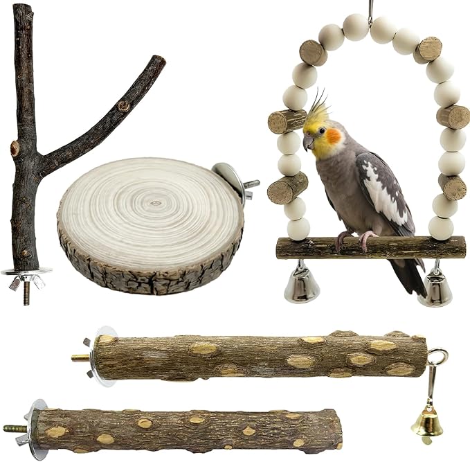 5Pcs Natural Wooden Bird Perch Set – Parrot Perch Toys, Wooden Perch Swing by Unknown
