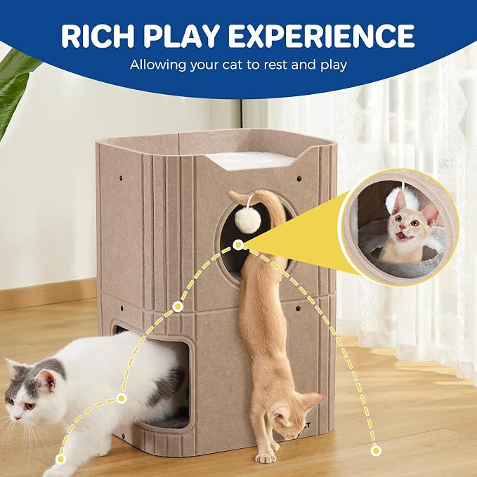 Cat House for Indoor Cats, 2-Storey Cat Bed Cave, Felt Cat Hideaway Condo - Image 8