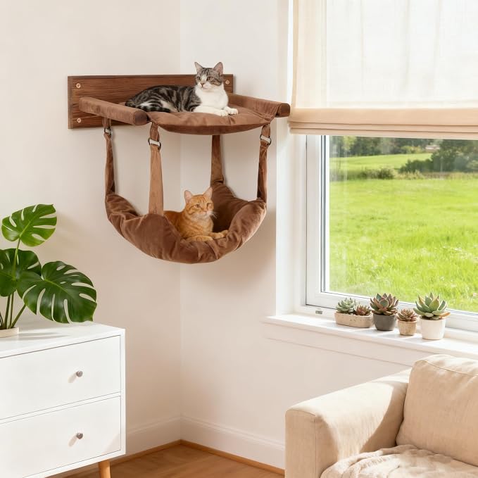 JSPYFITS Wooden Cat Wall Hammock, 18.9 x 12.6 Inch Double Layer Cat Furniture - Image 9