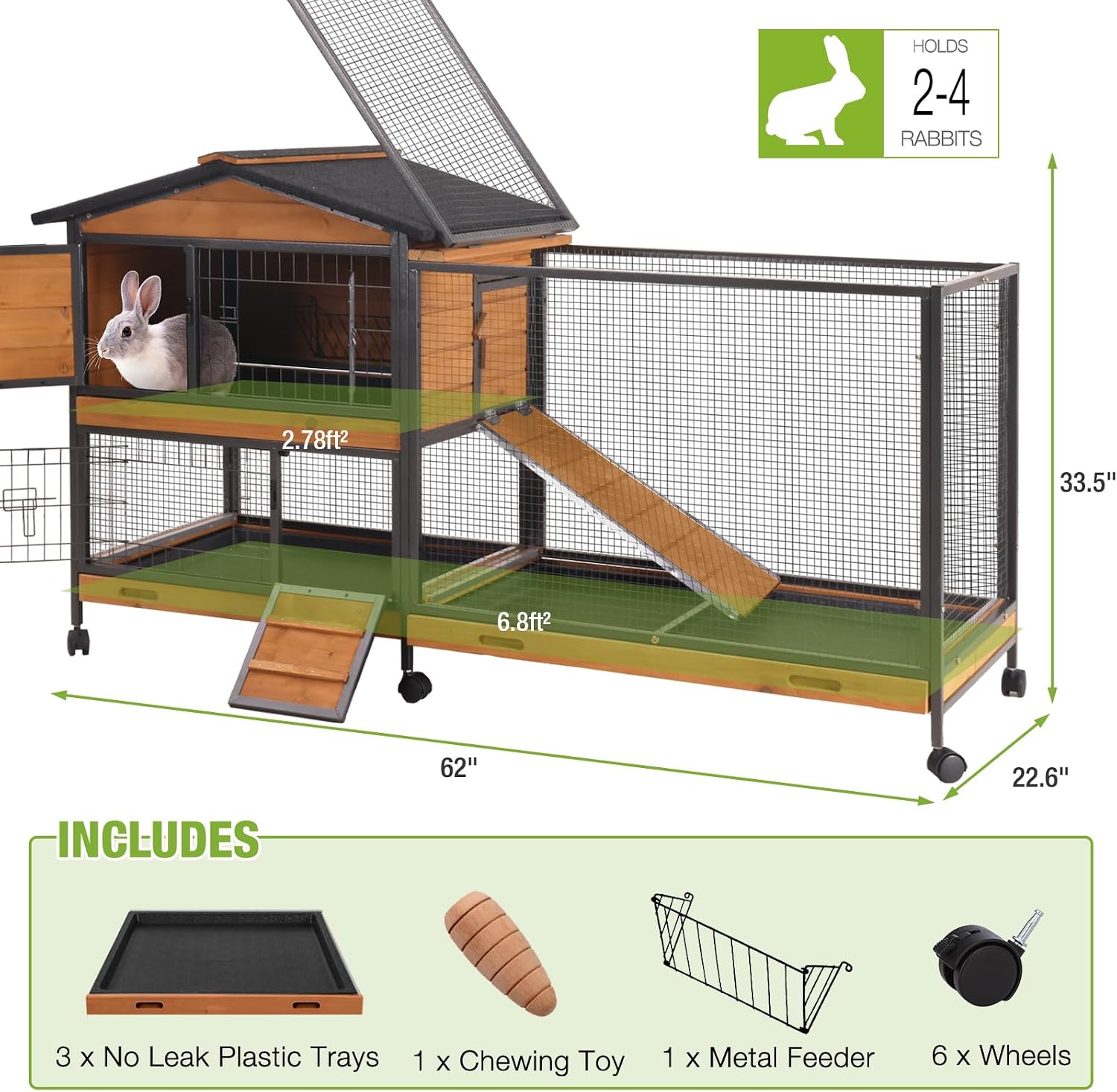 GUTINNEEN 2-Story Rabbit Hutch, 62" with 6 Locking Casters - GlobalHabitat Supply